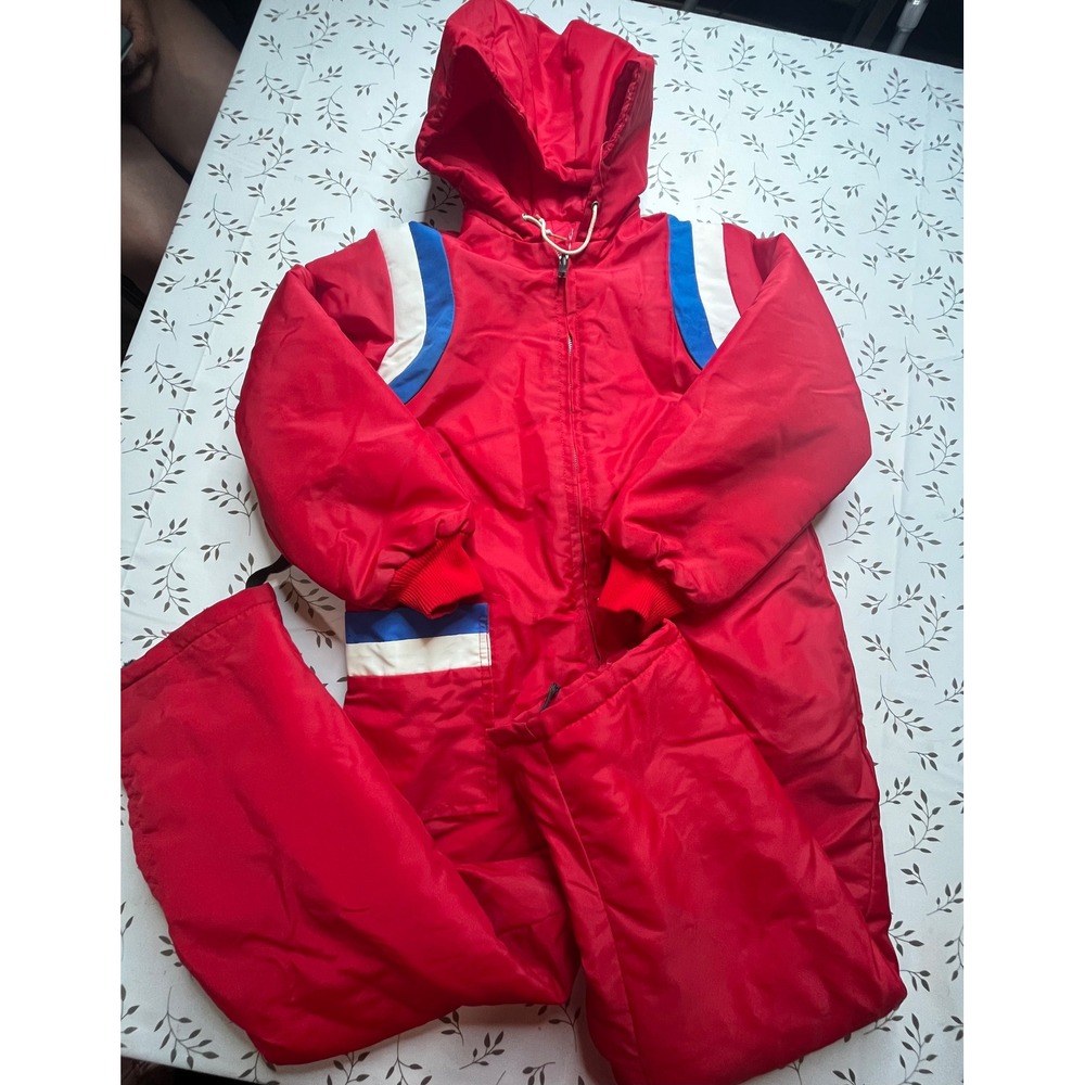 Vintage 70s rare Kids Red Insulated Snow Suit One Piece Winter snowsuit Hooded